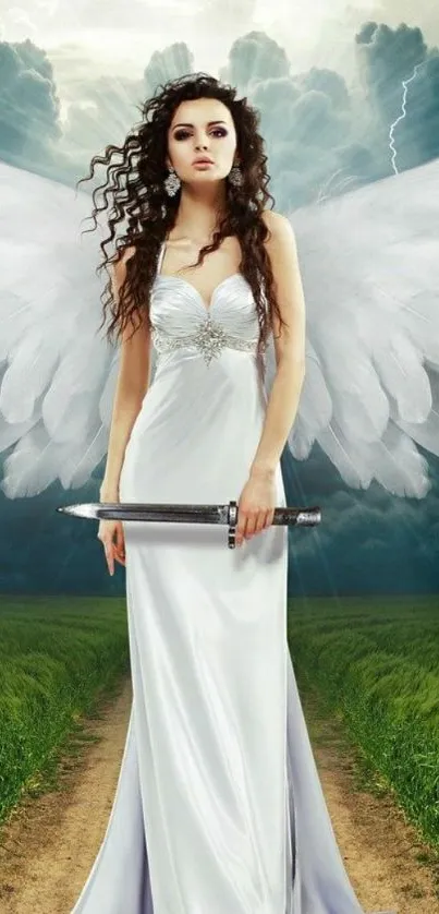 Angel with wings and sword on a path.