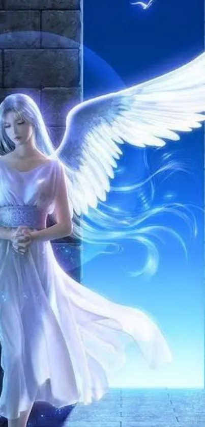 Ethereal angel with white wings and a glowing blue background.