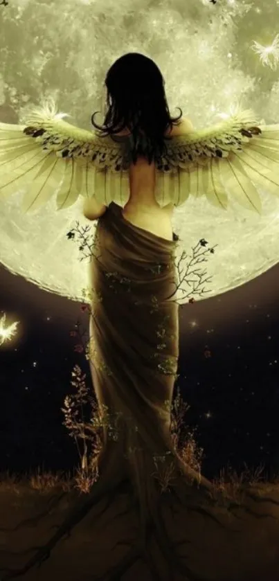 Ethereal angel with wings in moonlight.