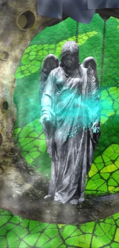 Angel statue on crescent moon with vibrant green background.