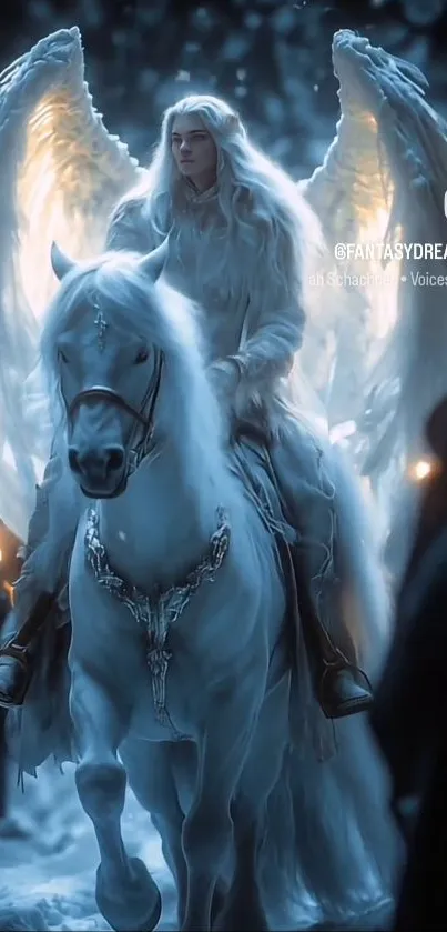 Angel on white horse fantasy wallpaper with glowing wings.