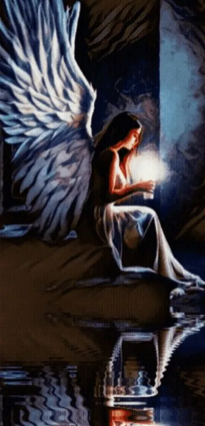 Angel with glowing light and wings reflected in calm water, surrounded by darkness.