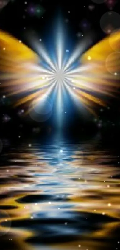 Angelic wings reflected on water with a celestial glow.