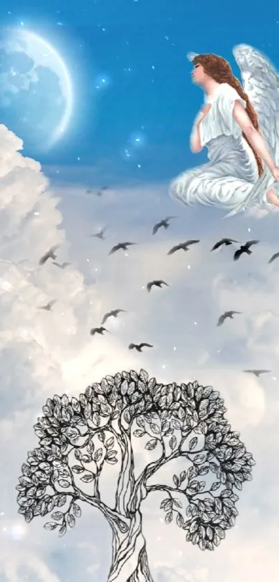 Serene angel in sky with tree sketch and clouds on mobile wallpaper.