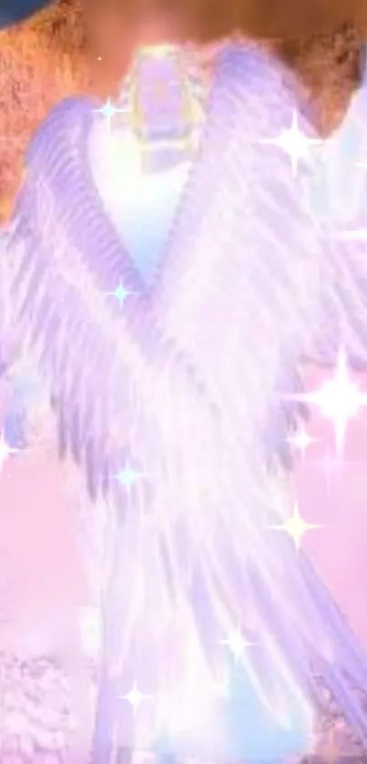 Ethereal angel with sparkling wings in a light pink glow.