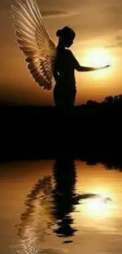 Ethereal angel silhouette at sunset with reflection in calm waters.