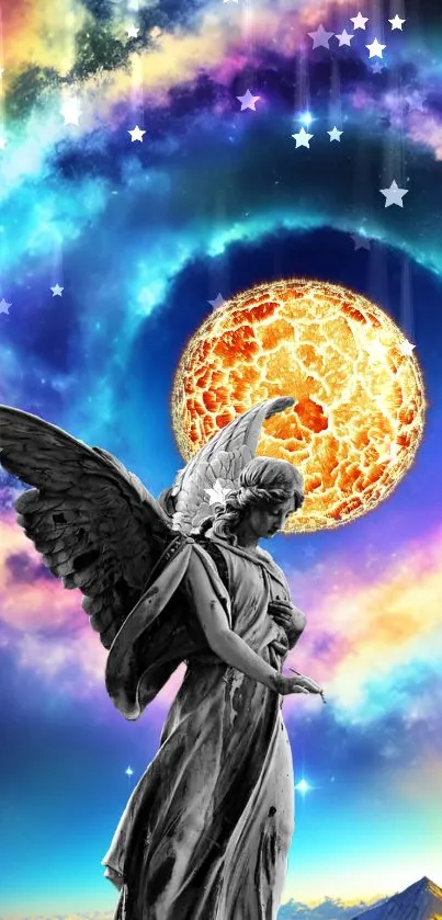 A stunning mobile wallpaper with an angel statue and a vibrant cosmic sky.