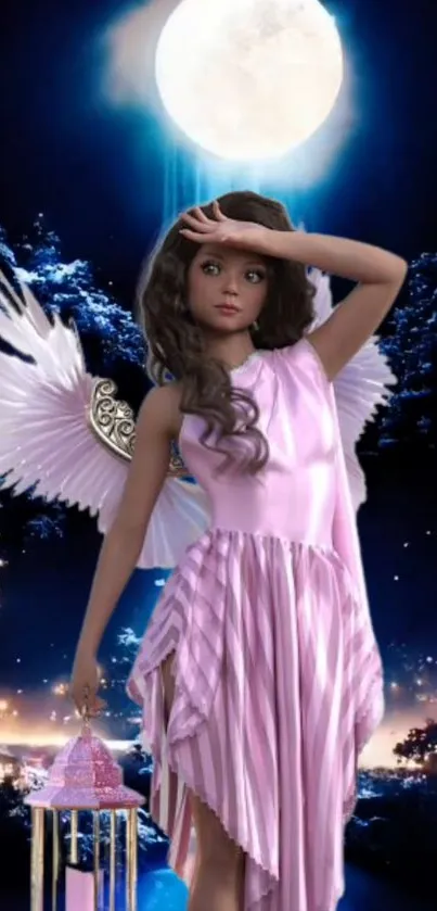 Ethereal angel in pink dress under the moonlit sky wallpaper.