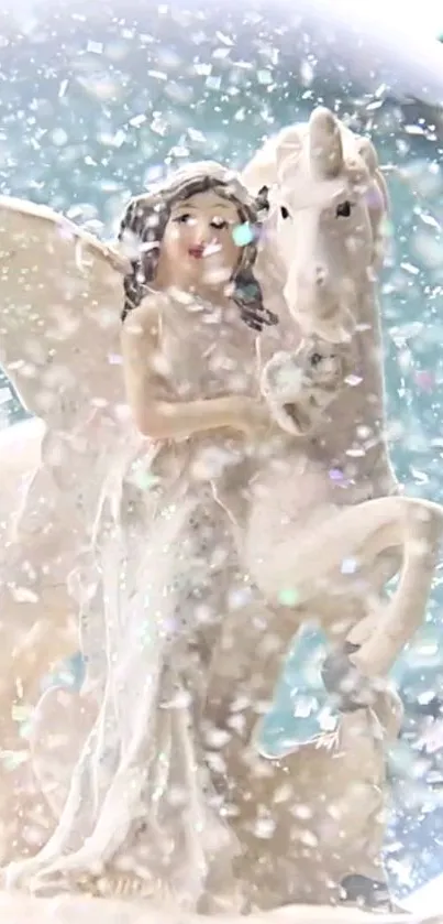 Ethereal scene of an angel with a unicorn in snow globe effect.