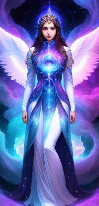 Ethereal angel with wings in cosmic purple mist.