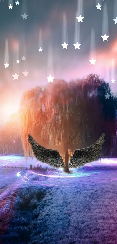 Ethereal landscape with angel wings under a vibrant sky.
