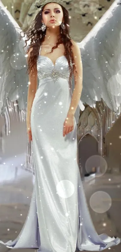 Ethereal angel in silver gown with celestial wings and glowing background.