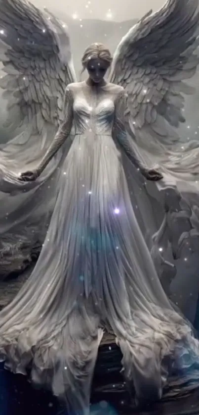 Ethereal angel winged figure in a serene landscape.