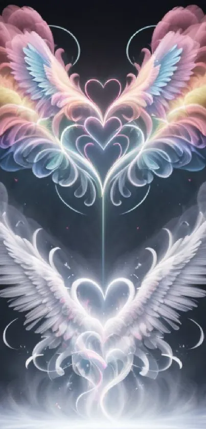 Ethereal mobile wallpaper with angel wings and hearts in vibrant colors.