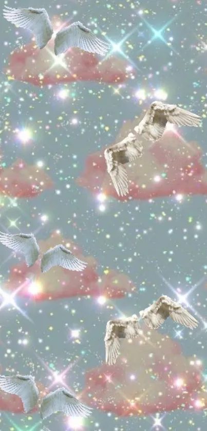 Ethereal wallpaper with angel wings, stars, and clouds.