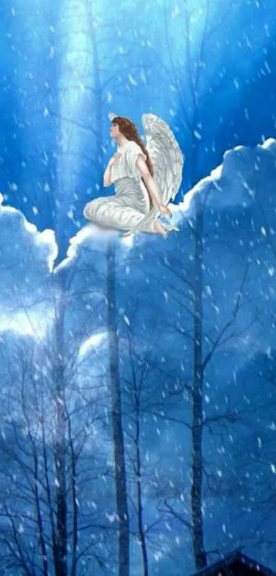 Ethereal angel in a serene winter landscape with snowy trees and a blue sky.