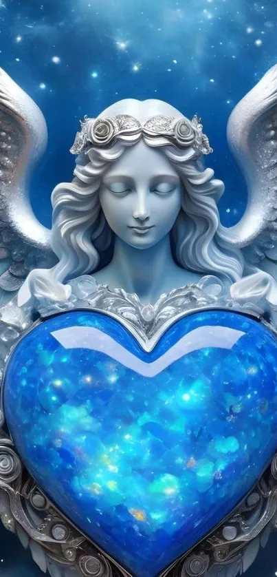 Ethereal angel holding a glowing blue heart