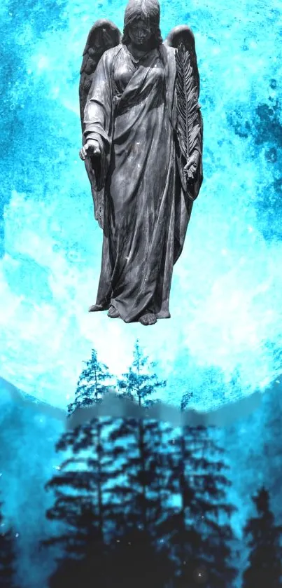 Ethereal angel statue with blue moon background and silhouetted trees.