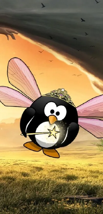 Angel in white dress with cartoon penguin under sunrise.