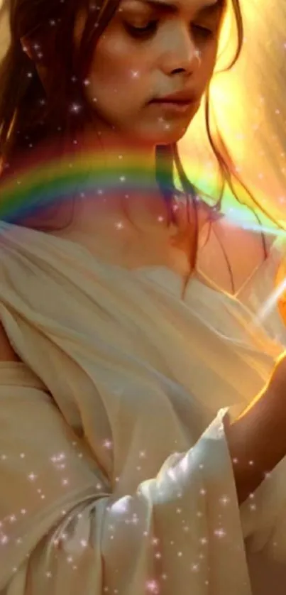 Ethereal angel with golden glow and rainbow aura.