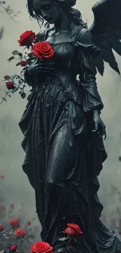Gothic angel statue with red roses in a serene setting.