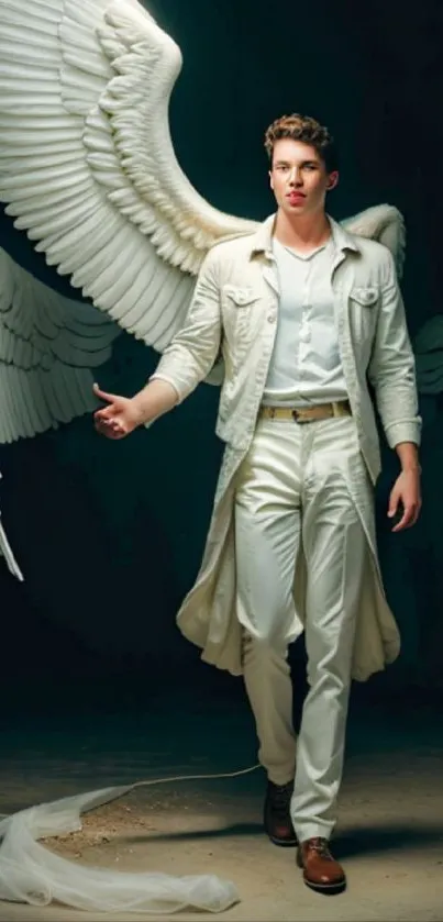 Angel with majestic wings in white clothing stands gracefully.