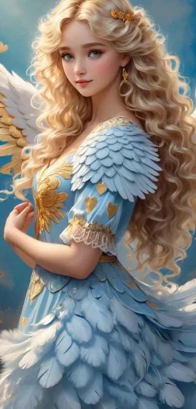 Elegant angel with golden curls and wings on a celestial blue background.