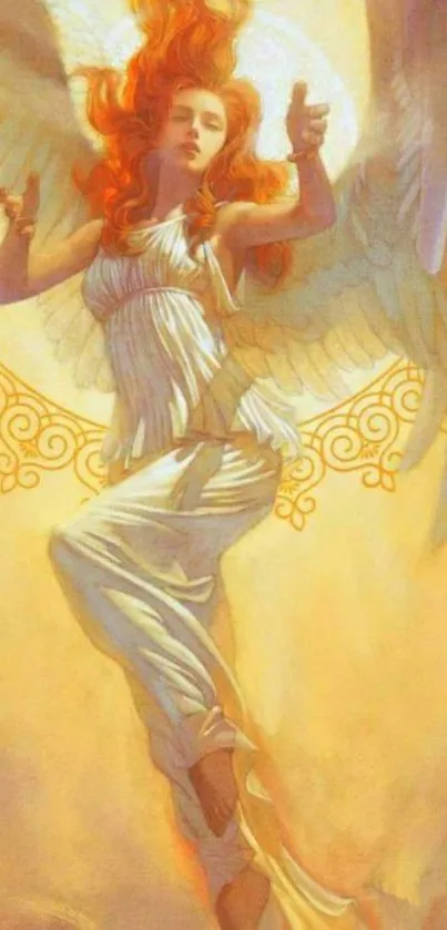 Ethereal angelic figure with golden wings and flowing red hair on a mobile wallpaper.