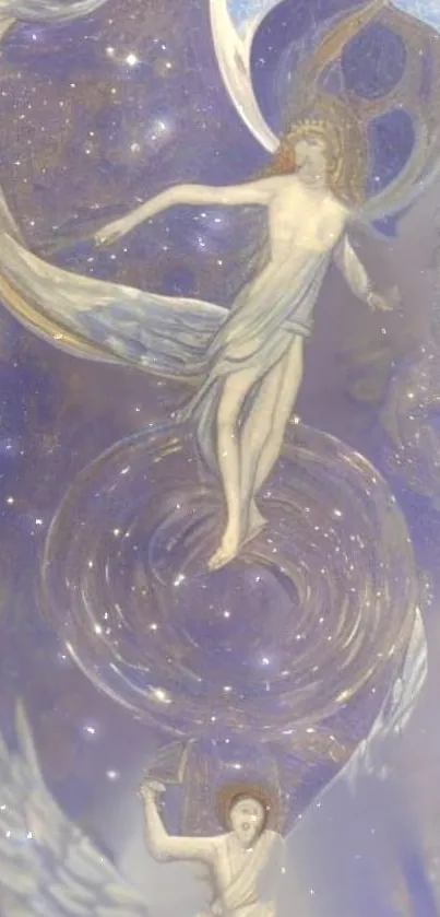 Ethereal angel figures in cosmic, starry blue shades for a mobile wallpaper.