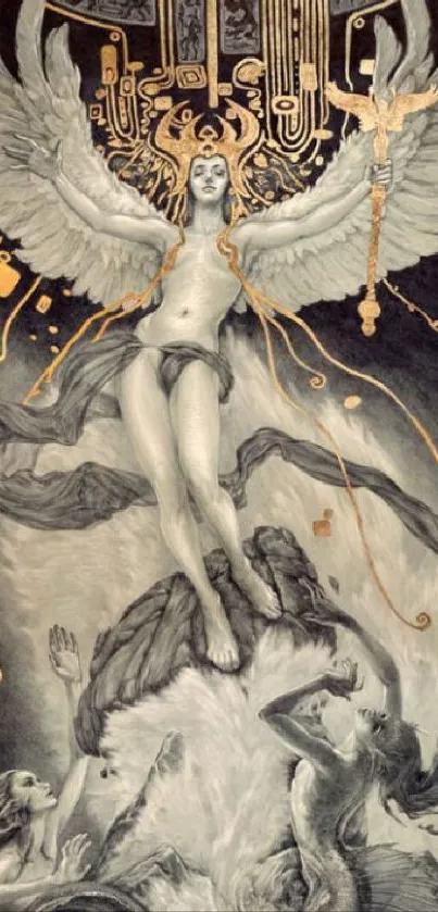 Ethereal artwork of angelic figures with gold accents in a mystical celestial scene.