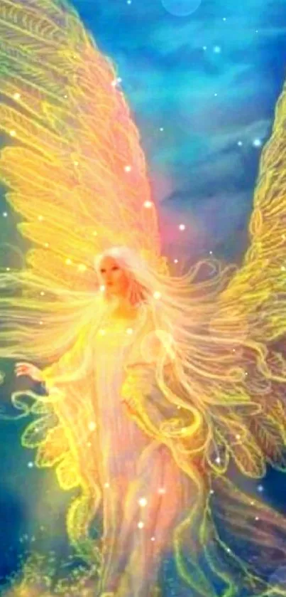 Ethereal angelic figure with vibrant wings in glowing colors.