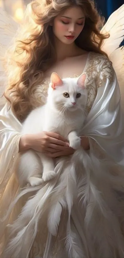 Angelic figure holding a white cat with feathered wings in a serene setting.