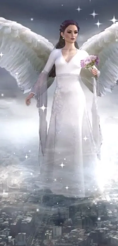 An angel in white with wings over a cityscape, sparkling in celestial light.