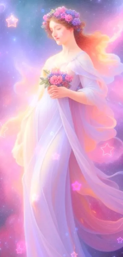 Ethereal angelic figure with cosmic backdrop in vibrant colors.