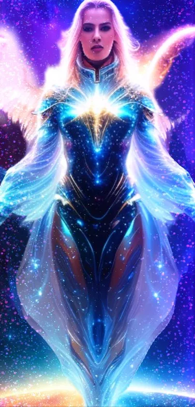 Ethereal angelic figure with vibrant, cosmic aura in a celestial setting.