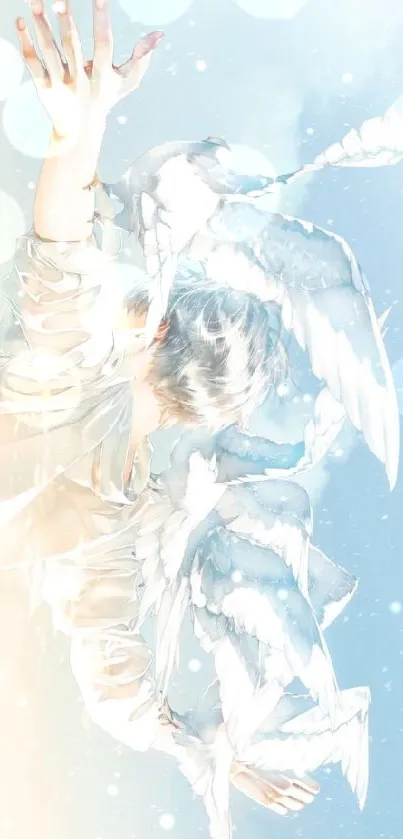 Ethereal angelic figure with wings in soft blue and white hues.