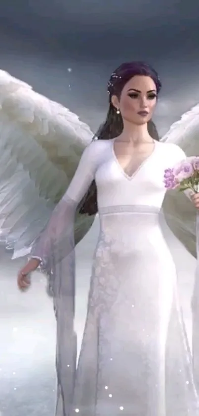 Ethereal angel with white wings holding flowers in a serene cloudscape.