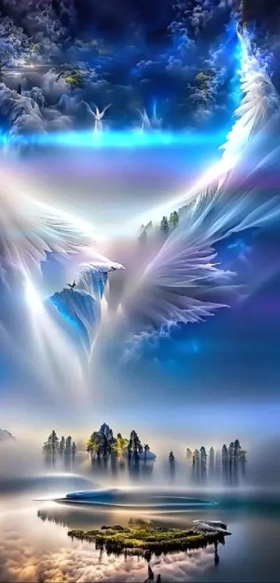 Ethereal angelic dreamscape with blue and white clouds over a reflective lake.
