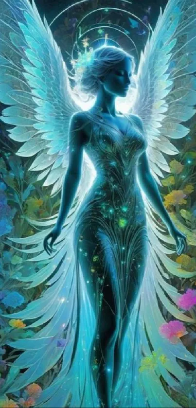 Ethereal angel with glowing wings amidst a vibrant fantasy setting.