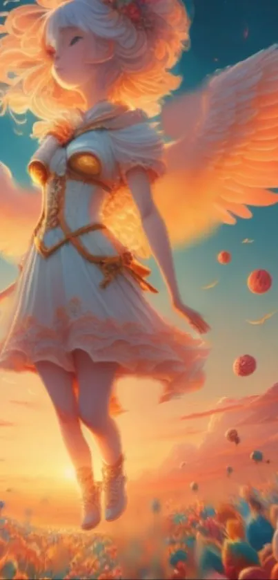 Ethereal angel in vibrant fantasy art with celestial background.