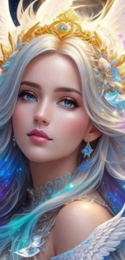 Ethereal angelic figure in fantasy art wallpaper with celestial colors.