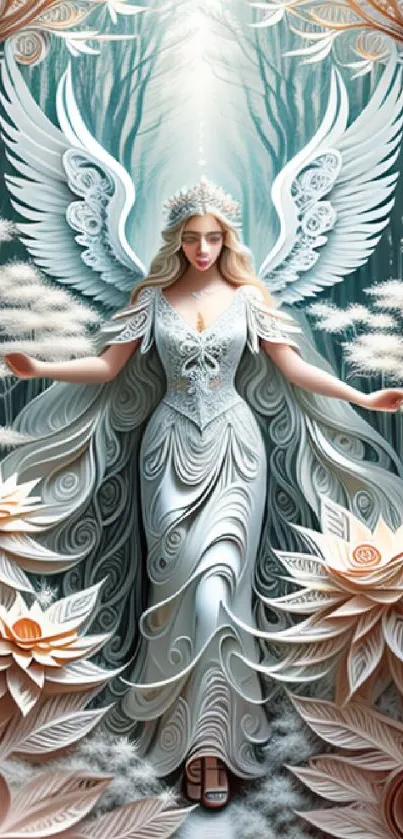 Intricate fantasy art of an angel with beige and teal floral quilling.