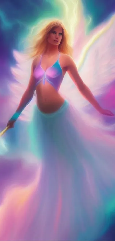 Ethereal angel with colorful wings and vibrant aura.