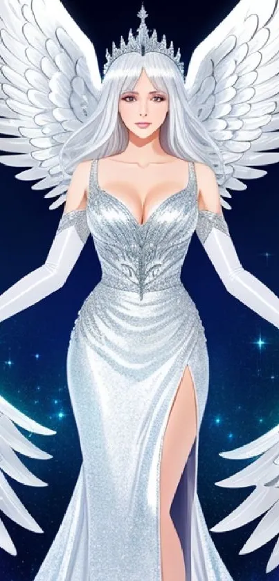 Ethereal angelic figure with celestial wings and a radiant, sparkling gown.