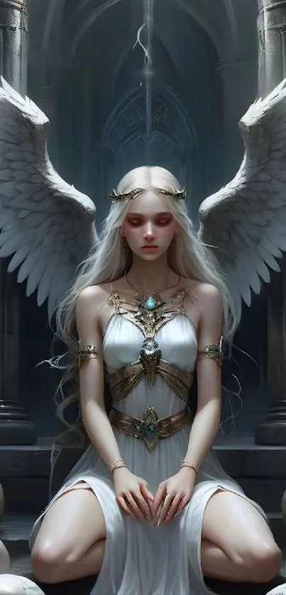 Ethereal angelic figure with wings in a mystical setting, perfect fantasy wallpaper.