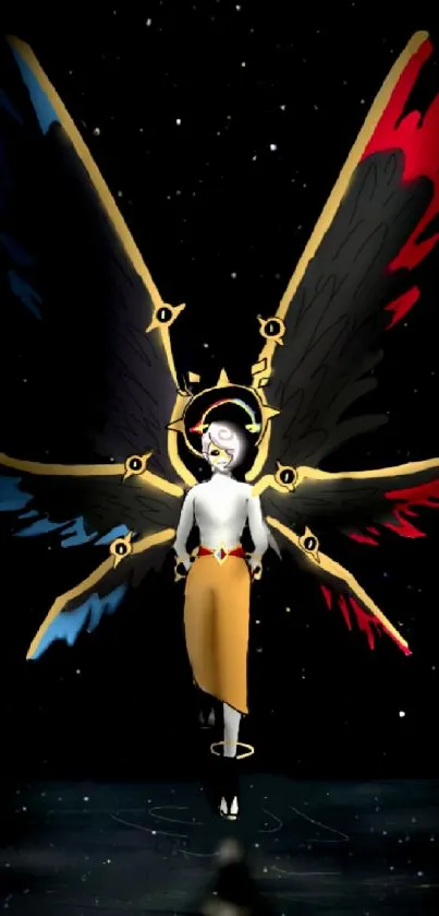 Mystical figure with celestial wings in space-themed wallpaper.