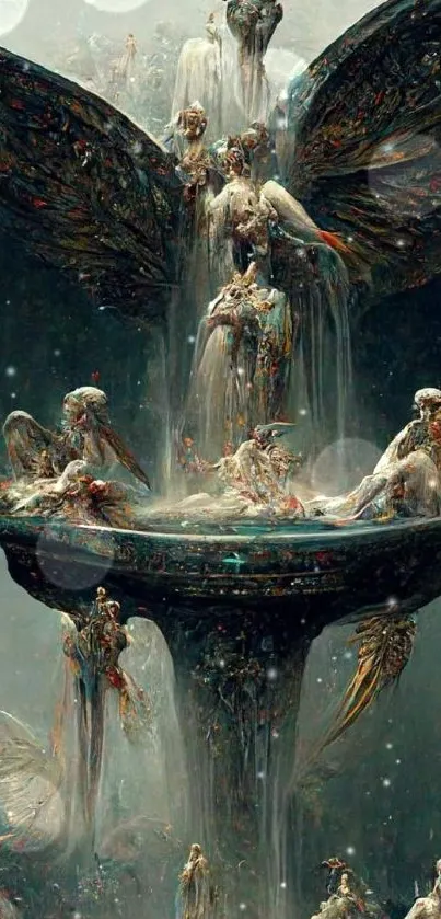 Ethereal wallpaper featuring angelic fountain art with mystical figures.