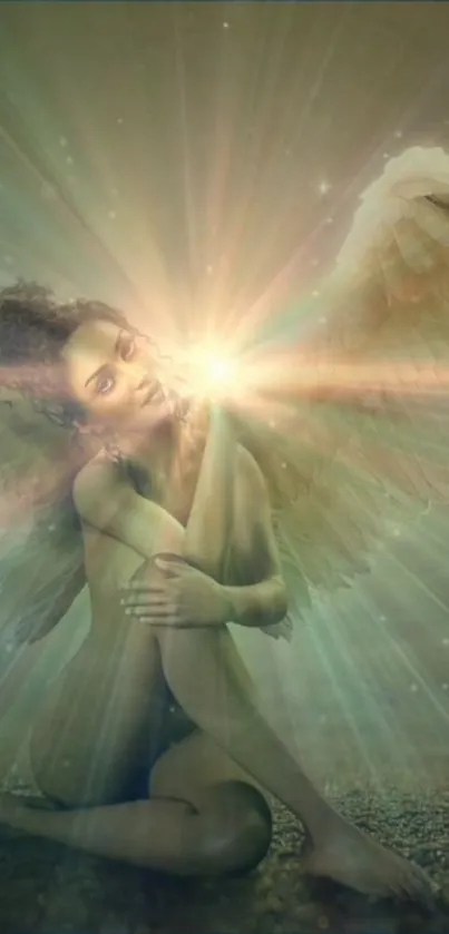 Serene angel with glowing light emanating from her in soft colors.