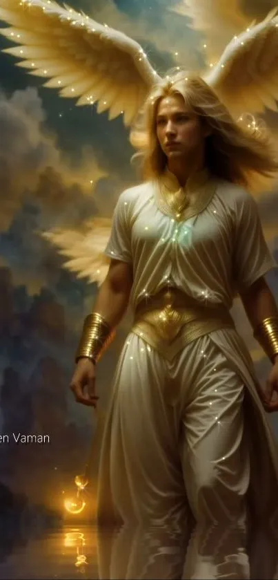 Ethereal wallpaper of an angelic guardian with glowing golden wings.