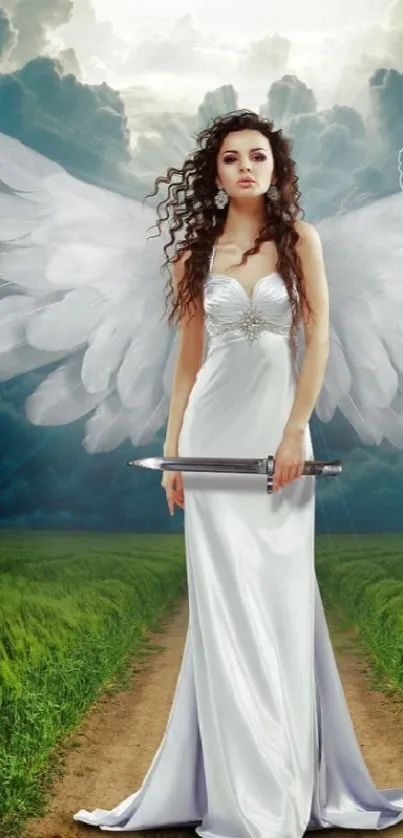 Angelic figure with wings stands in a green field under a stormy sky.